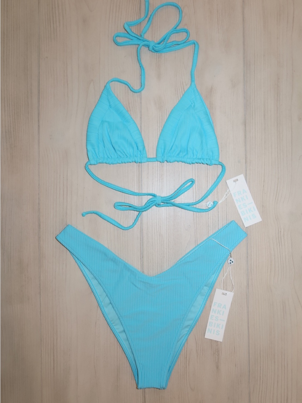 Frankies Bikinis Turquoise Ribbed Triangle Bikini Enzo Bottom Sky Plisse Top